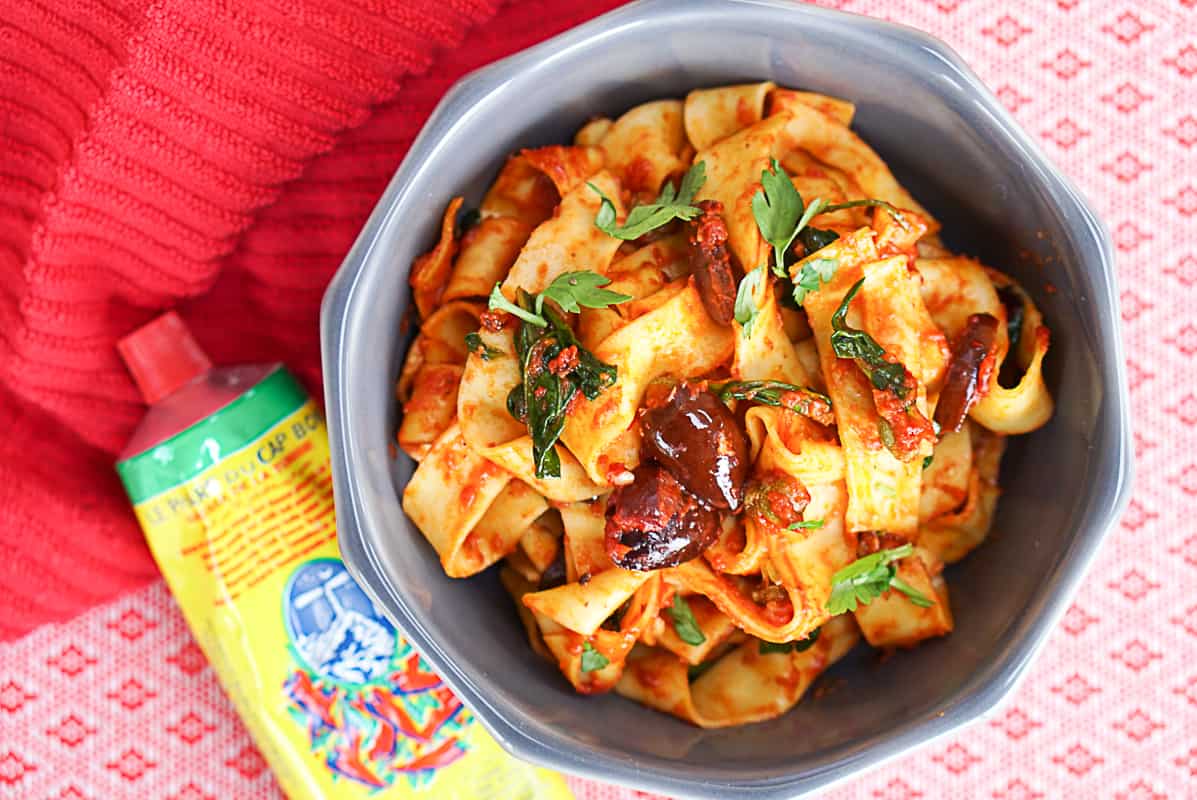 Spicy Harissa Pasta Recipe With Black Olives & Capers
