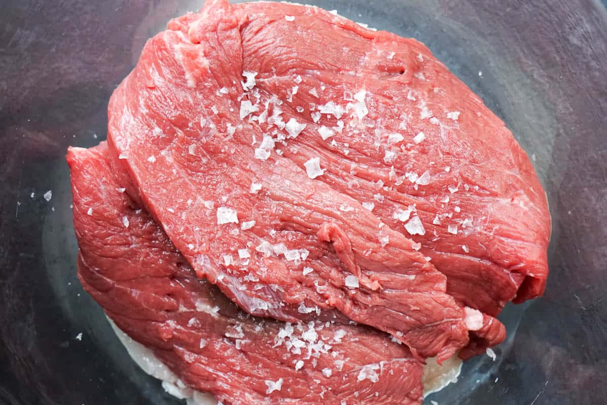 slightly marbled beef for ropa vieja, generously salted